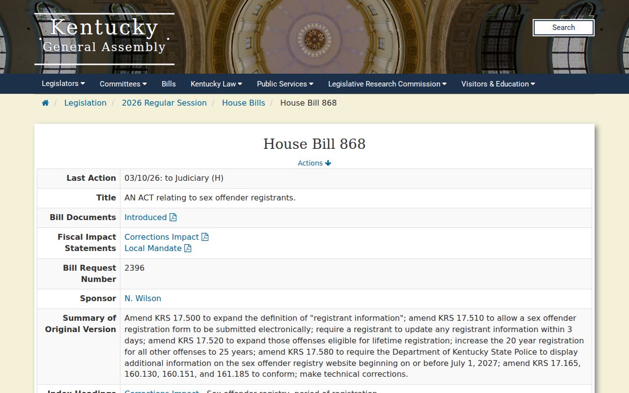 Kentucky General Assembly HB 868 record relevant to Pike County sex offender registry law